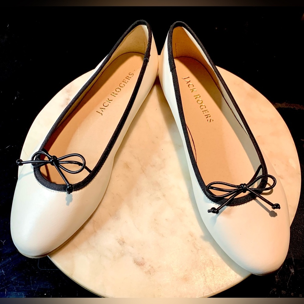 JACK ROGERS SERENA BALLET FLAT 9 1/2 IVORY BLACK  BOW NEW